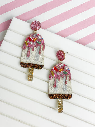 Glitter & Rhinestone Popsicle Dangle Earrings - Strawberry