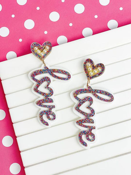 'Love' Pearl & Glitter Dangle Earrings - Pink