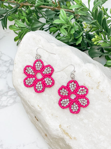 Glitzy Flower Beaded Dangle Earrings