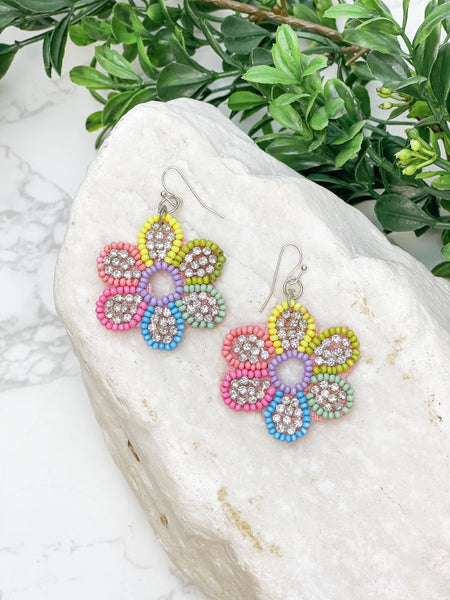 Glitzy Flower Beaded Dangle Earrings