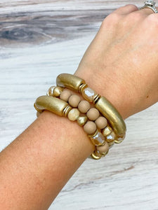 Gold Tube Beaded Stretch Bracelet Sets