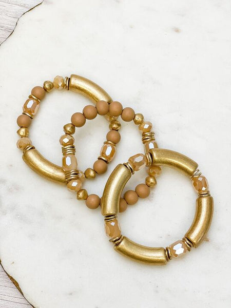 Gold Tube Beaded Stretch Bracelet Sets