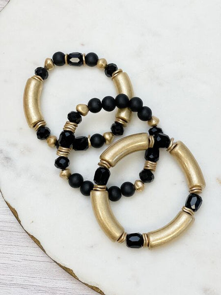 Gold Tube Beaded Stretch Bracelet Sets