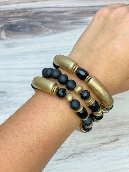 Gold Tube Beaded Stretch Bracelet Sets