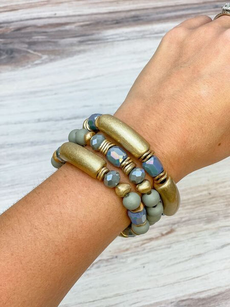 Gold Tube Beaded Stretch Bracelet Sets