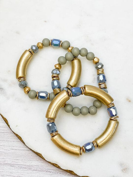 Gold Tube Beaded Stretch Bracelet Sets