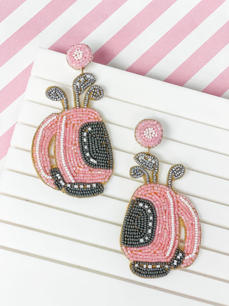 Pink Golf Bag Beaded Dangle Earrings