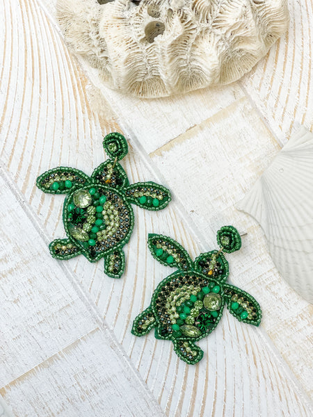Glitzy Green Turtle Beaded Dangle Earrings