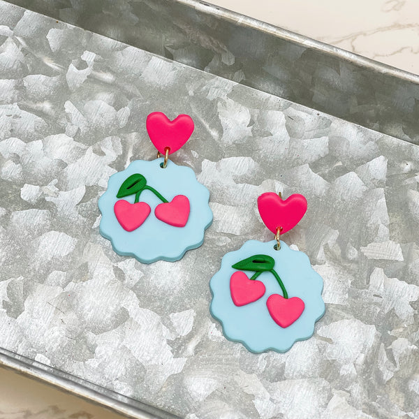 Heart Cherry Clay Dangle Earrings