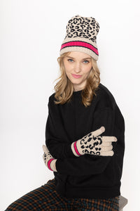 Hot Pink Stripe Leopard Beanie & Gloves