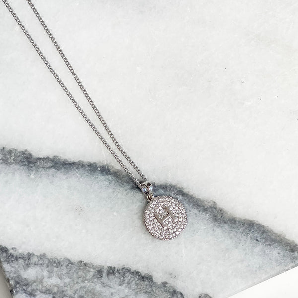 Cubic Zirconia Initial Disc Pendant Necklaces - White Gold