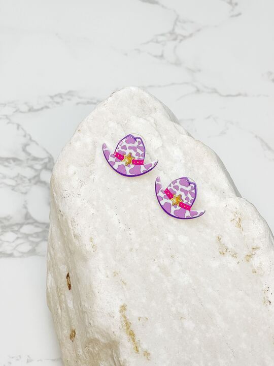 Cow Print Cowboy Hat Stud Earrings