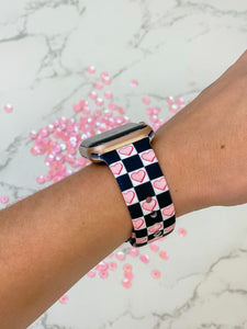 Checkered Pink Heart Printed Silicone Smart Watch Band