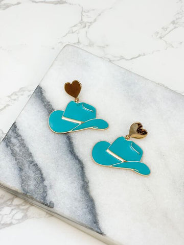 Heart Cowboy Hat Enamel Dangle Earrings