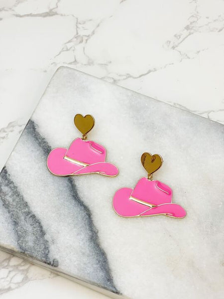 Heart Cowboy Hat Enamel Dangle Earrings
