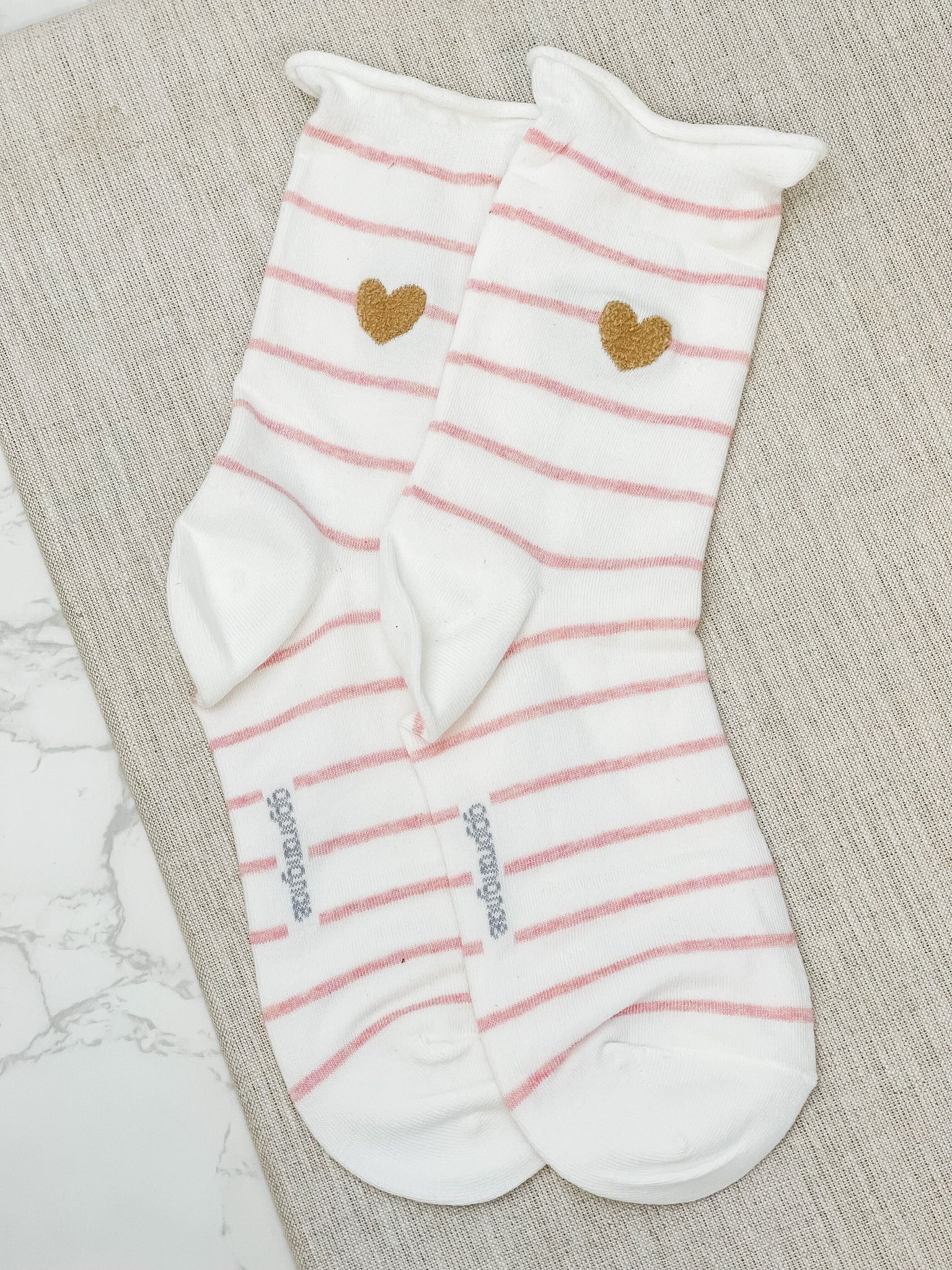 Heart Striped Crew Socks - Pink