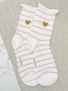 Heart Striped Crew Socks - Pink