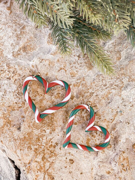 Holiday Striped Heart Clay Dangle Earrings