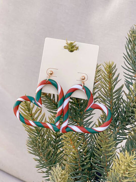 Holiday Striped Heart Clay Dangle Earrings