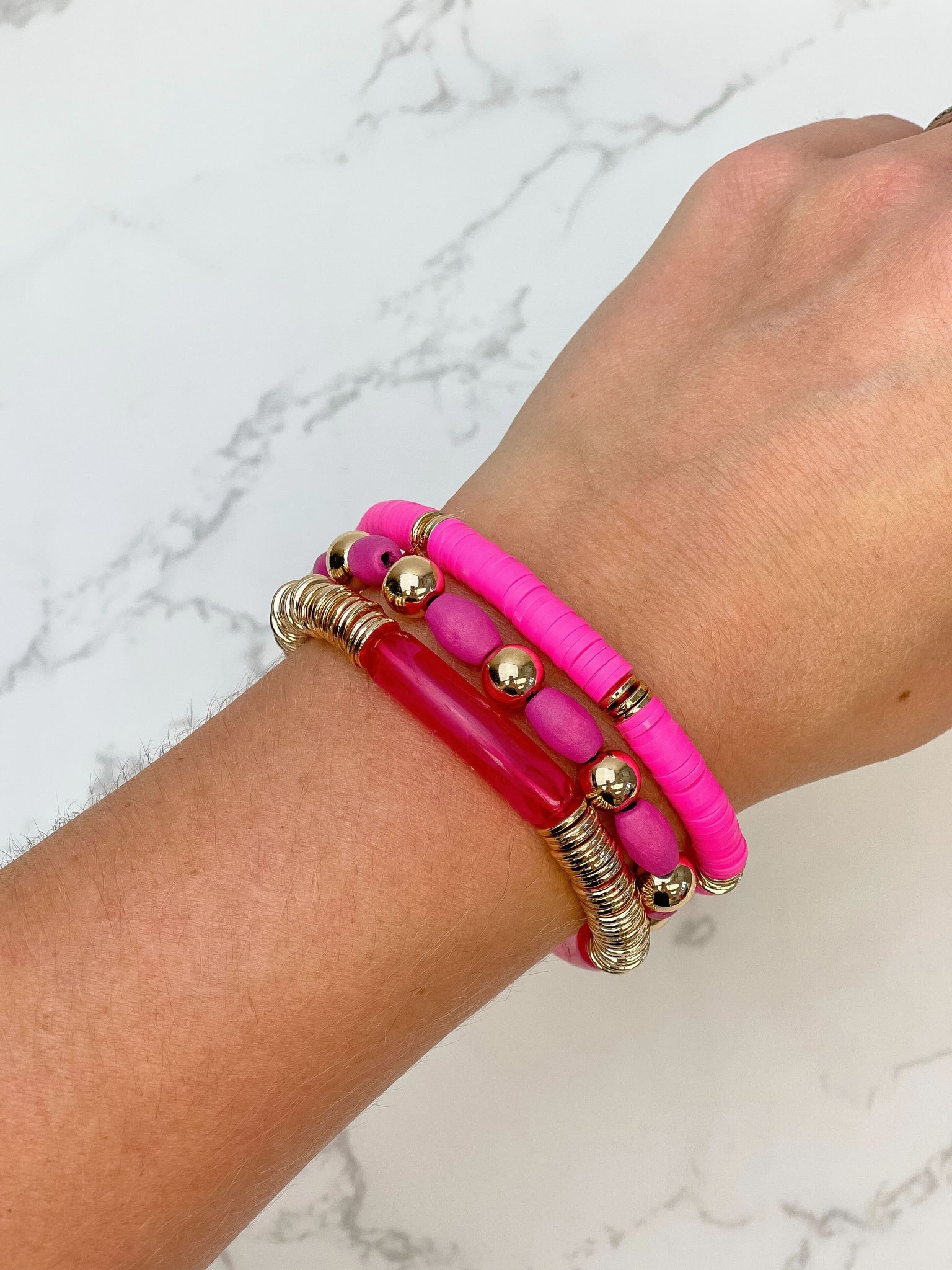 Hot Pink & Gold Beaded Stretch Bracelet Set