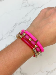 Hot Pink & Gold Beaded Stretch Bracelet Set