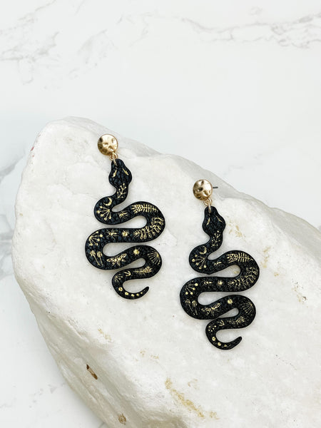 Gold & Leather Snake Drop Dangle Earrings