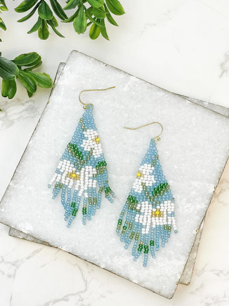 Floral Seed Bead Curtain Dangle Earrings