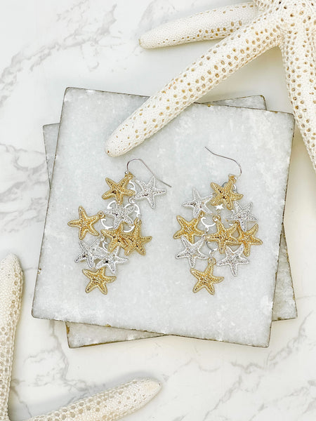 Gold & Silver Starfish Cluster Dangle Earrings