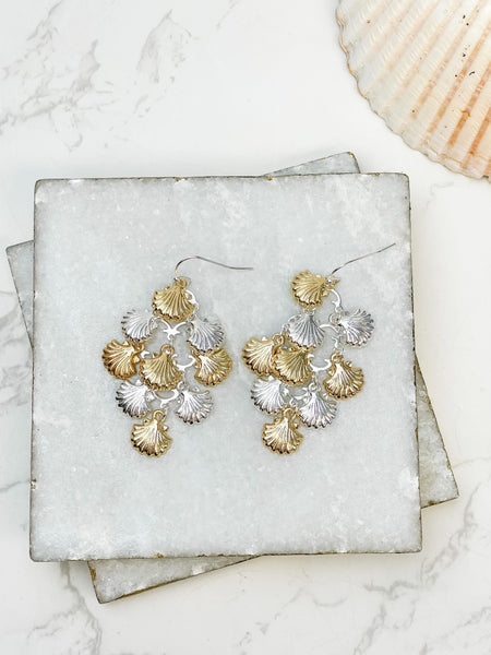 Gold & Silver Seashell Cluster Dangle Earrings