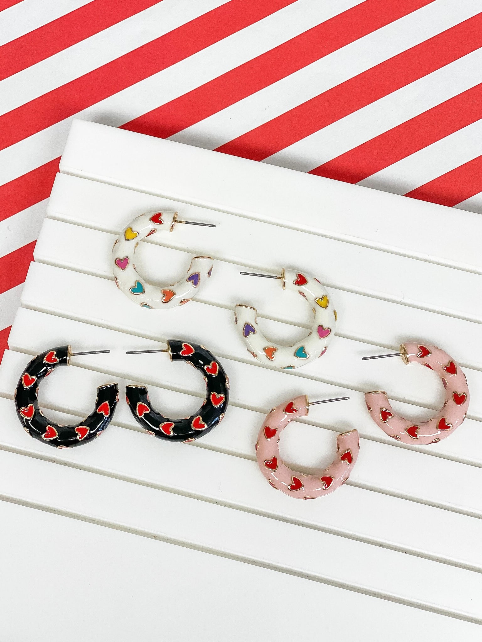 Little Heart-Patterned Enamel Hoop Earrings