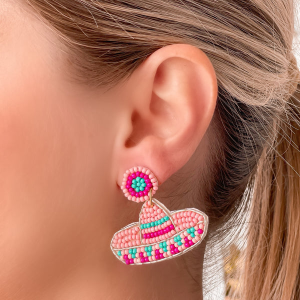 Pink Sombrero Beaded Dangle Earrings