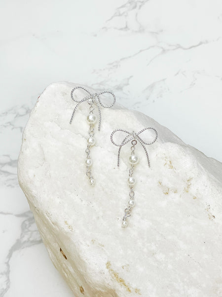 Dainty Bow & Pearl Chain Dangle Earrings