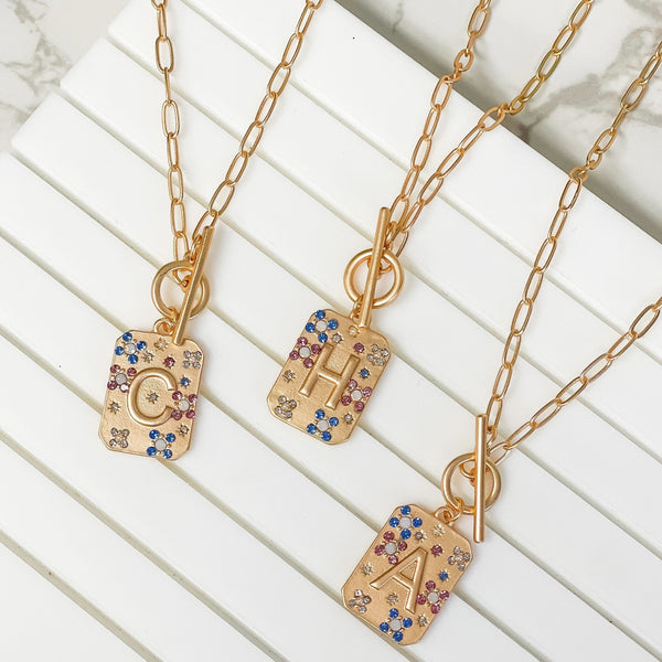 Gold Pave Medallion Initial Necklaces