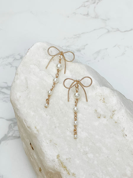 Dainty Bow & Pearl Chain Dangle Earrings