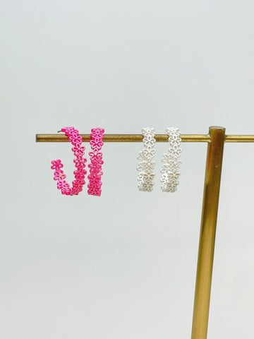 Textured Metal Flower Hoop Earrings