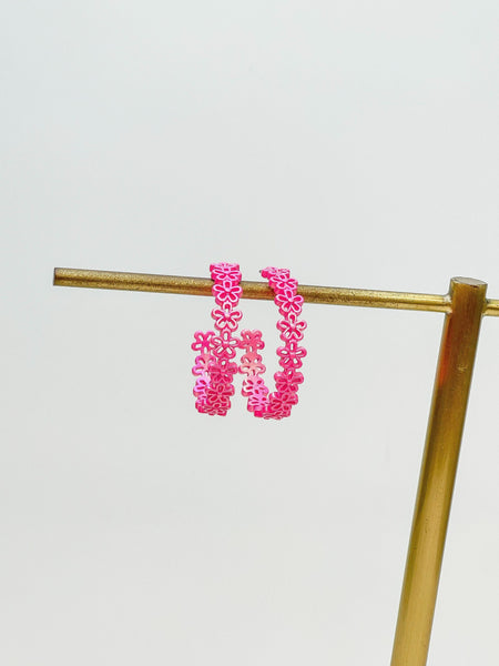 Textured Metal Flower Hoop Earrings