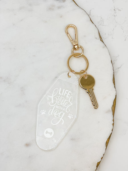 'Life Is Better With A Dog' Retro Motel Keychain