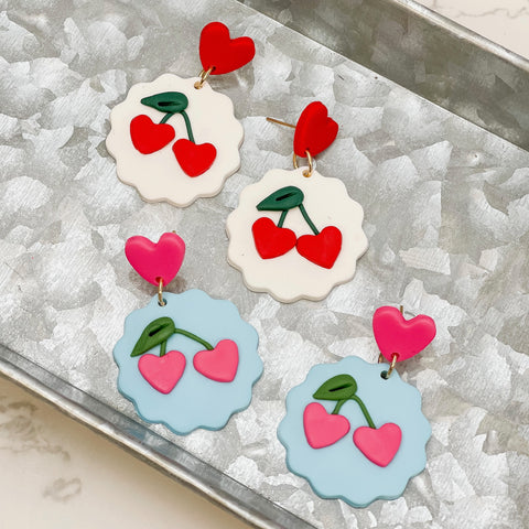 Heart Cherry Clay Dangle Earrings