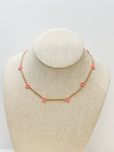 Pink Flower Beaded Station Necklace
