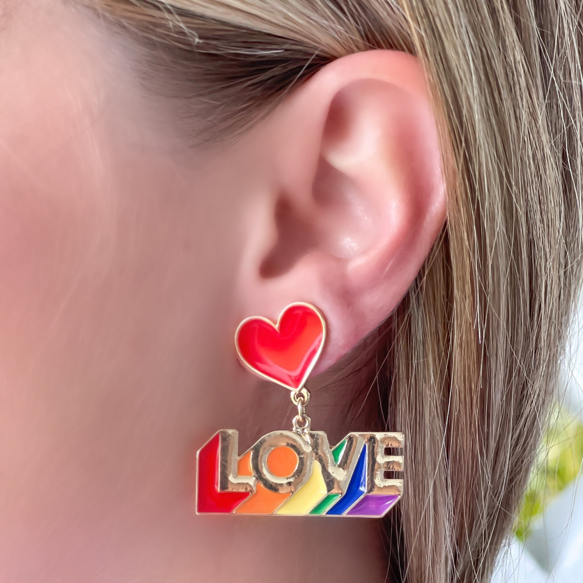 'LOVE' Enamel Heart Post Dangle Earrings