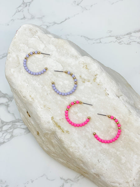 Neon Pink & Gold Bead Hoop Earrings
