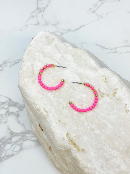 Neon Pink & Gold Bead Hoop Earrings