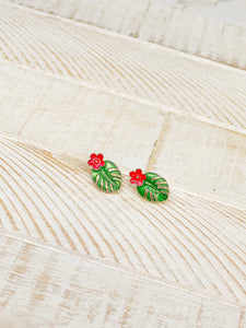 Palm Leaf & Hibiscus Stud Earrings