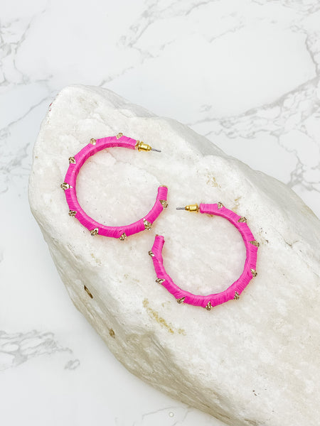 Raffia Wrapped Rhinestone Hoop Earrings