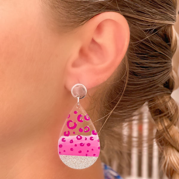 Cheetah Painted Clear Glitter Dangle Earrings