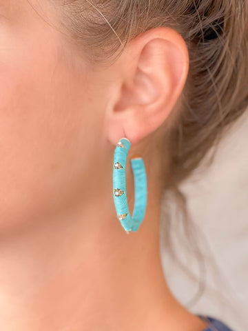Raffia Wrapped Rhinestone Hoop Earrings