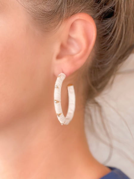 Raffia Wrapped Rhinestone Hoop Earrings