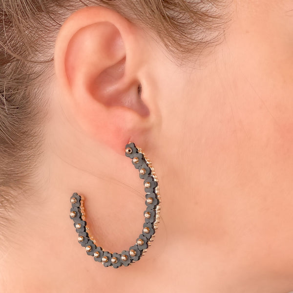 Beaded Mini Flower Lined Hoop Earrings