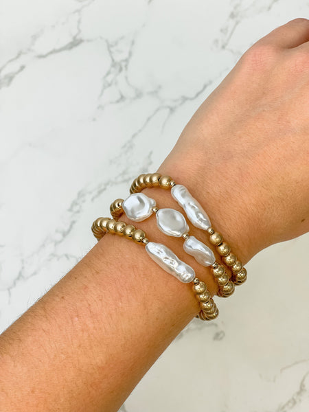 Metal Bead & Pearl Stretch Bracelet Sets