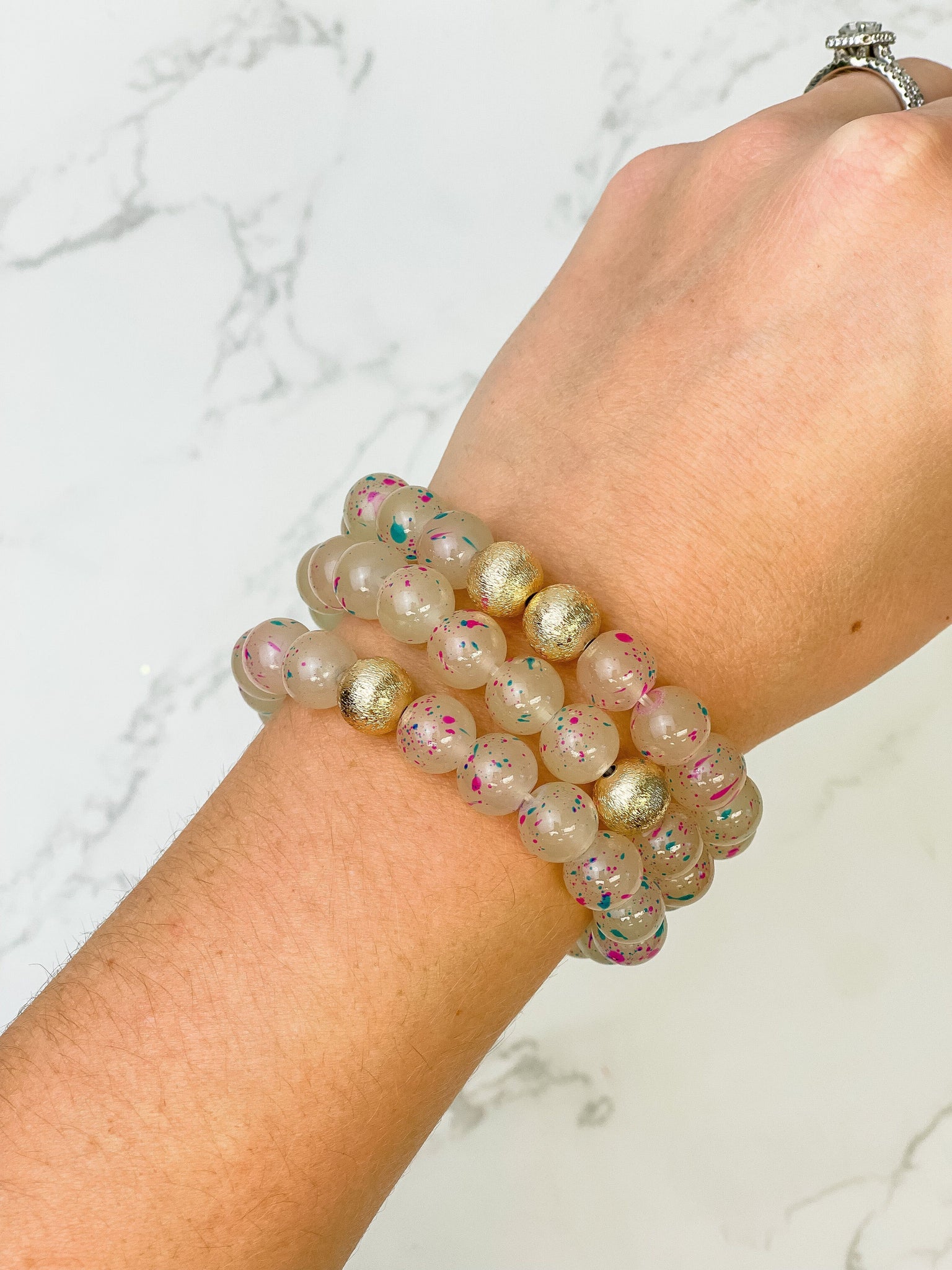 Gold & Marbled Bead Stretch Bracelet Sets